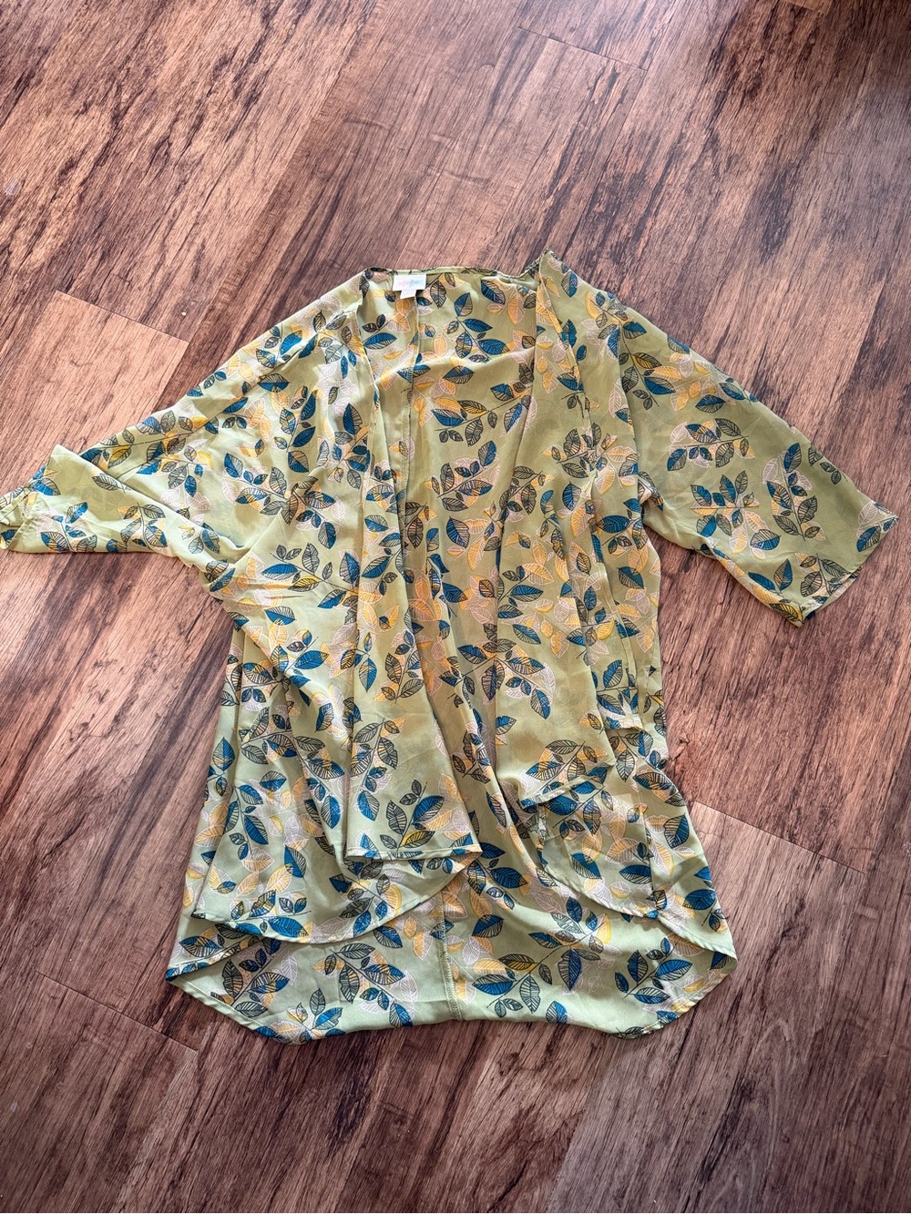 LuLaRoe Yellow and Blue Leaf Print Open Cardigan